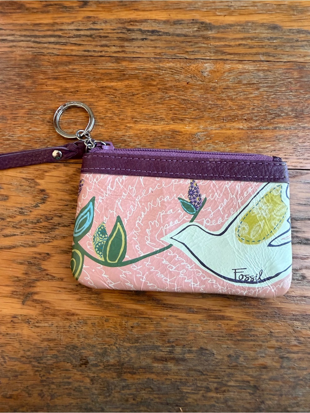 Fossil Peace Dove Id Wallet Coin Key Chain Leather Bohemian Pink Purple Bird